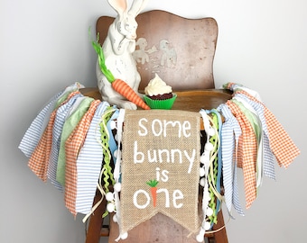 Some Bunny is One High Chair Banner/Spring First Birthday/Cake Smash Photo Shoot Prop/Light Blue Seersucker Orange Gingham/Rabbit Carrot