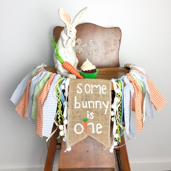 Some Bunny is One High Chair Banner Easter First Birthday Party Decor Bunny Cake Smash Photo Shoot Prop Rabbit Carrot Boy Easter 1st Bday