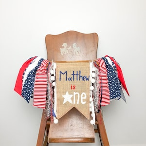 Fourth of July First Birthday One Little Firecracker High Chair Banner, Patriotic All American Party, Red White and Blue, Cake Smash Banner