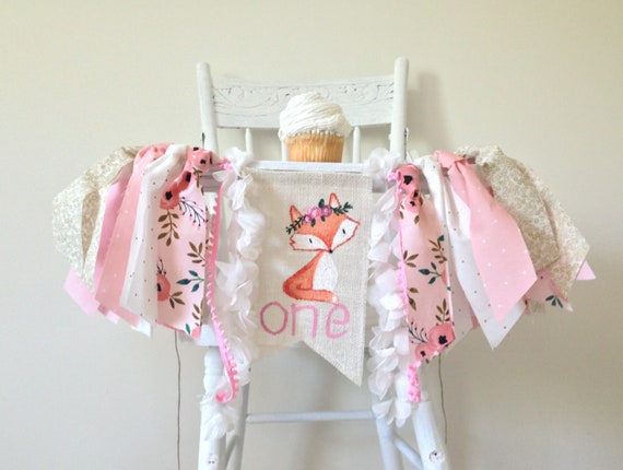 Woodland Animals Flower High Chair Banner / Girl Floral First Birthday Photo Shoot Prop / Little Fox / Cake Smash / Pink Gold / Flower Crown Il_570xn