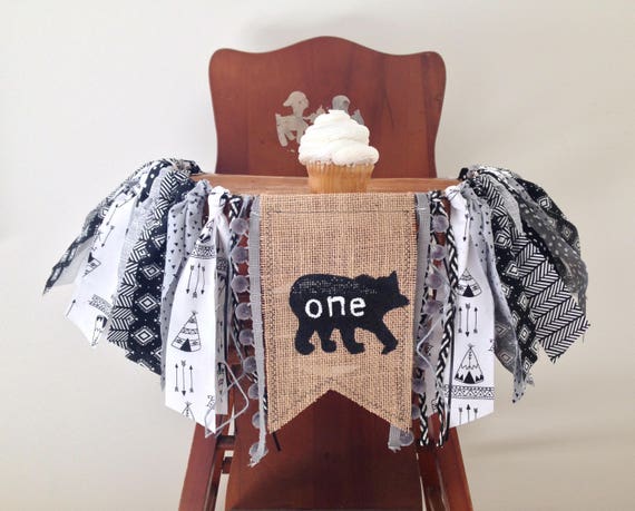Bear Wolf Wild One High Chair Banner/Teepee Arrows Lumberjack Theme/Black White Gray/First Birthday Party Decor/Cake Smash Photo Shoot Prop Il_570xn