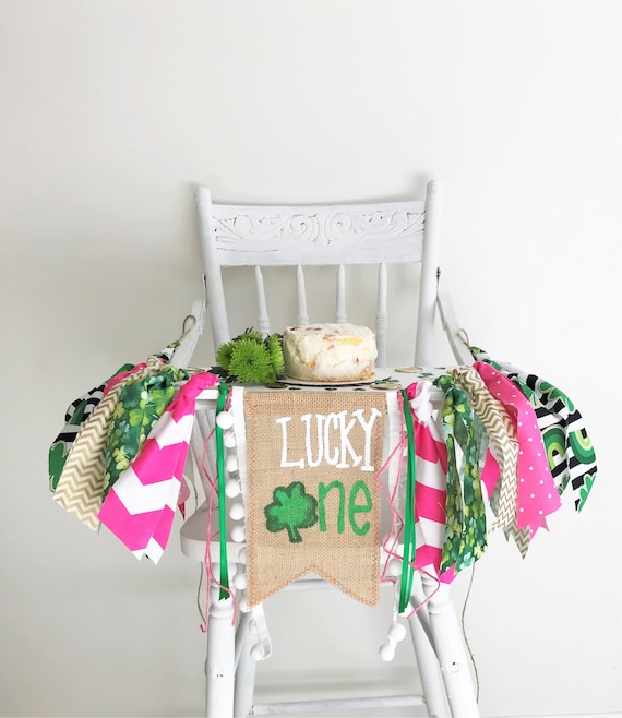 St. Patrick's Day High Chair Banner/Girl Lucky One/leprechaun lucky charm/green pink gold/Cake smash photo prop/First Birthday party decor Il_570xn