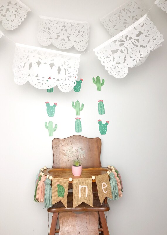 Cactus Boho Fiesta High Chair Birthday Banner/Burlap Yarn Tassel Wood Bead Garland/Girl One Year Old Birthday Party/Llama/Sage Blush Pink Il_570xn