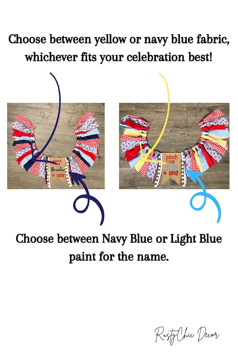 May include: Two images showing a red, white, and blue fabric banner with the text "Pinch Me Braxton is One". The banner is decorated with white pom-poms. The first image shows the banner with a navy blue fabric background. The second image shows the banner with a yellow fabric background.