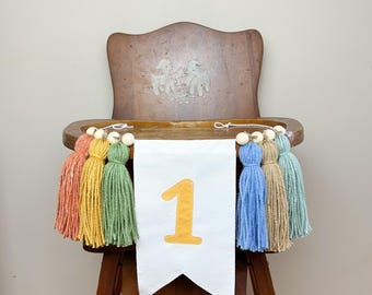 Boho Rainbow Highchair Banner: Happiest Birthday on Earth First Birthday Pennant with Tassels