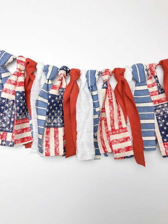 Fourth of July Fabric Garland/Muted Retro Vintage Boho Patriotic American Holiday Decor/4th Home Banner/Stars and Stripes Flag Bunting Il_570xn