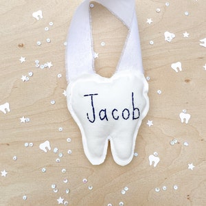 Tooth Fairy Pillow with Name First Lost Tooth Holder Hand Embroidered Name Tooth Holder Tooth Door Hanger Custom Gift Girl Boy Present image 4
