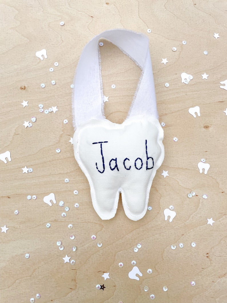 Tooth Fairy Pillow with Name First Lost Tooth Holder Hand Embroidered Name Tooth Holder Tooth Door Hanger Custom Gift Girl Boy Present image 4