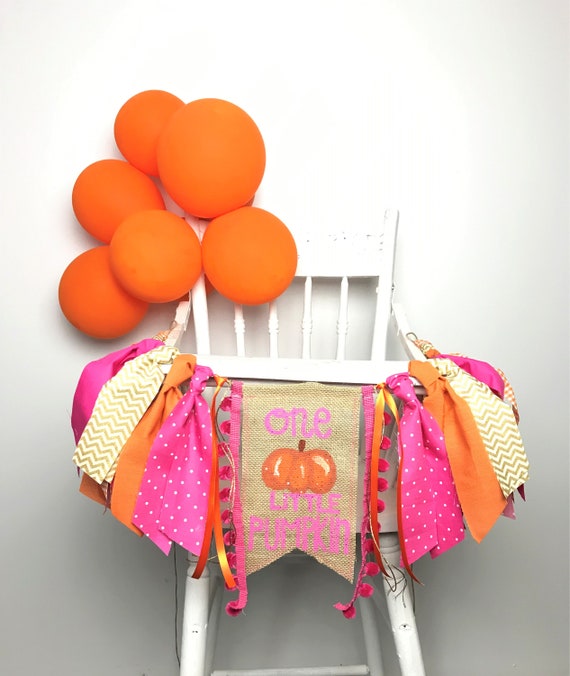 Pumpkin First Birthday High Chair Banner/One Little Pumpkin/Cake Smash Photo Shoot Prop/Fall Birthday Party Decor/Gold Orange & Pink/Girl Il_570xn