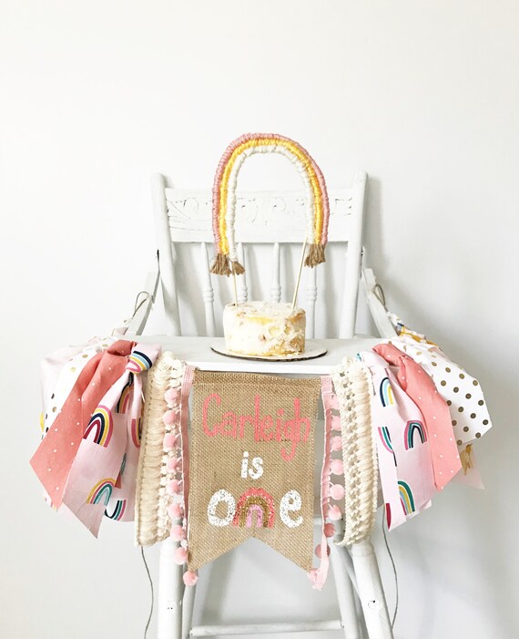 Girl Rainbow High Chair Banner/Coral Light Pink Gold Boho Somewhere Over The Rainbow/One Year Cake Smash/First Birthday Party Decor Il_570xn