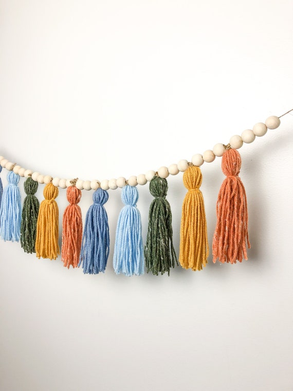 Retro Yarn Tassel Wood Bead Garland/Colorful Autumn/Earth Tone/Blue Green Orange Mustard Yellow/Boho Wall Hanging/Over the Crib Nursery Il_570xn