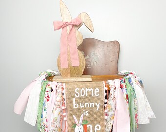 Bunny First Birthday High Chair Banner: Floral Easter Party Decor