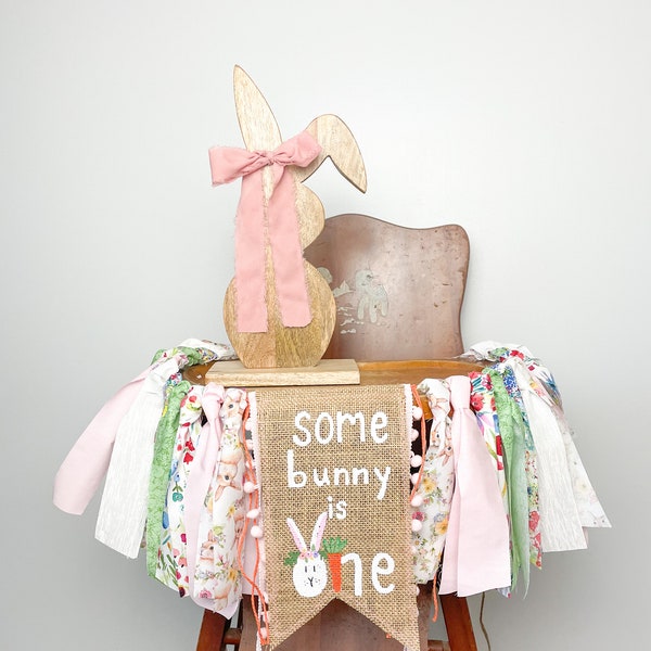 Some Bunny is One Easter Birthday Girl First Birthday Flower Crown Carrot Bunny High Chair Banner Easter Party Decor Floral First Birthday