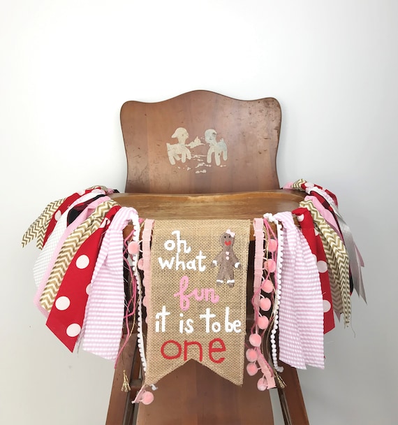 Christmas Gingerbread Highchair Banner/Girl Cake Smash Photo Shoot Prop/Oh What Fun It Is To Be Fun/First Birthday/Pink Red Gold Il_570xn