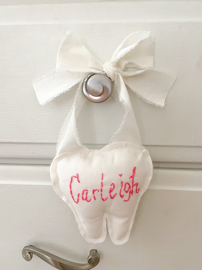 Tooth Fairy Pillow with pocket and Hanger Fairy Pouch First Lost Tooth Holder Tooth Pillow with Name Tooth Cushion Keepsake Baby Shower Gift image 8