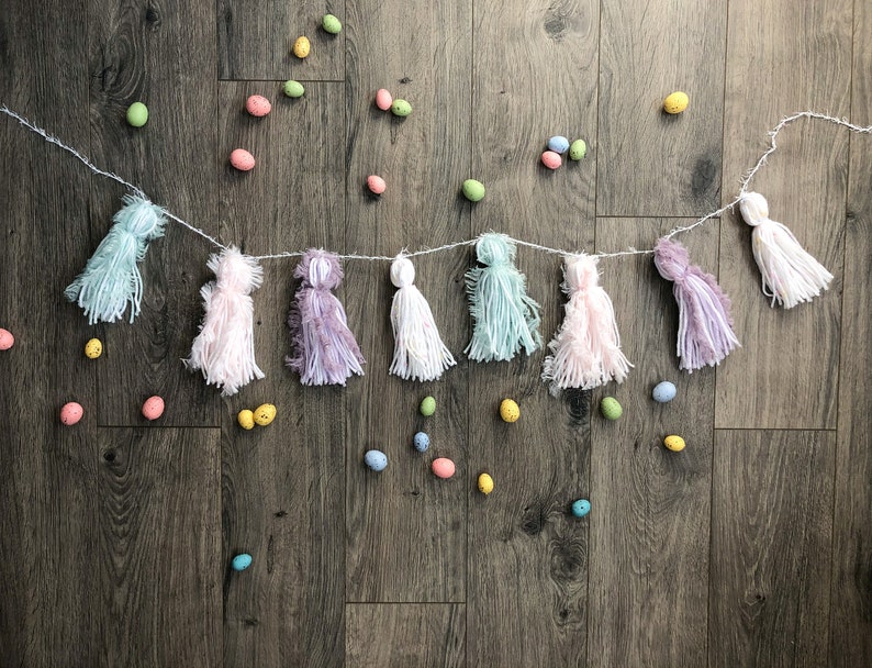 Pastel Yarn Tassel GarlandPastel RainbowEasterBaby Easter ChicksEggsSpring PartyTeepee BannerBaby ShowerPink Purple Mint Green
