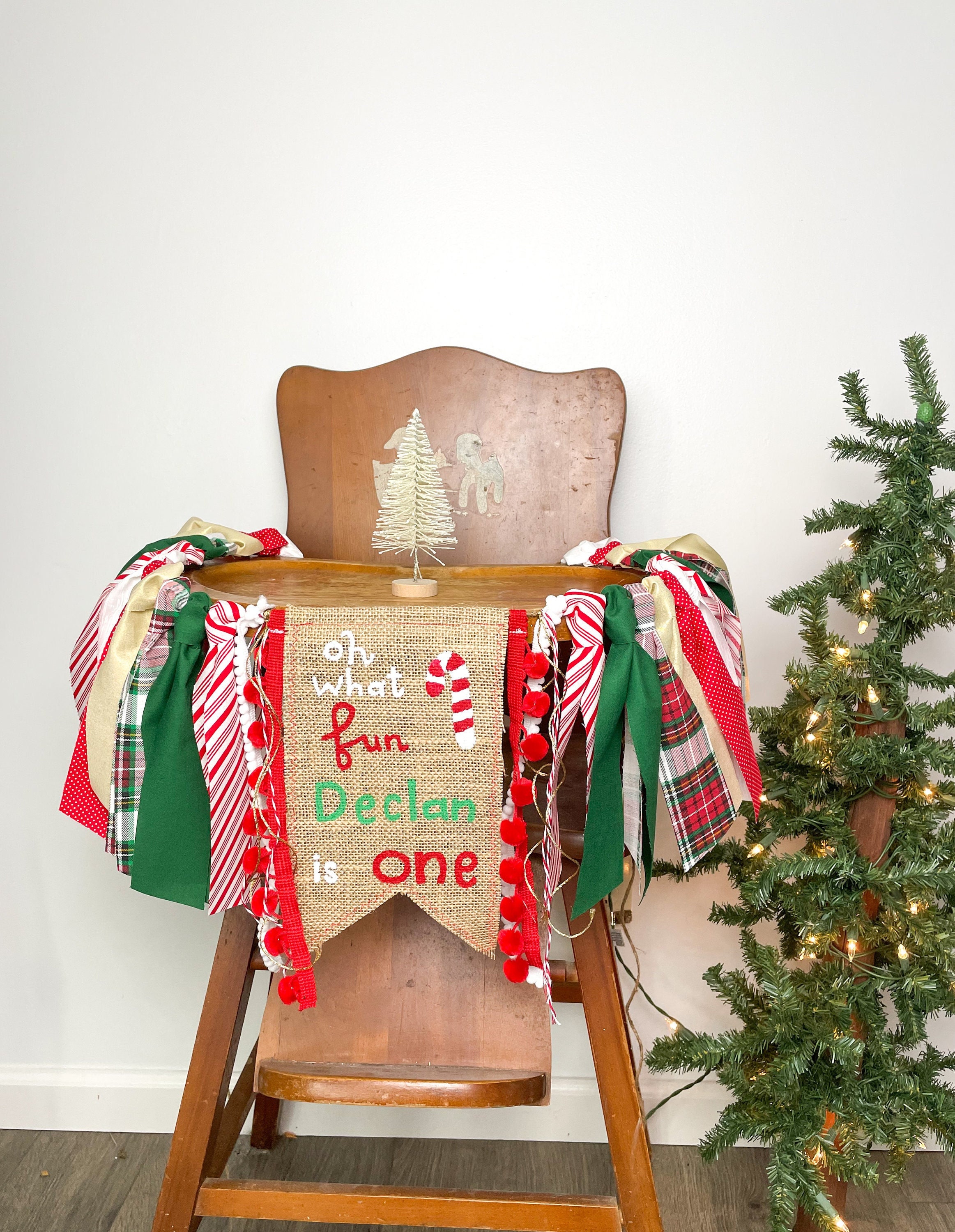 Christmas High Chair Banner For 1st Birthday - "One" Red & Green Banner For Baby's Christmas Birthday Party