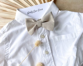 Ivory Bow Tie for Little Kid Simple First Birthday Beige Bow Tie Natural Rustic Woven Boy Bow Tie 3 Inches Clip On to Button Down Shirt