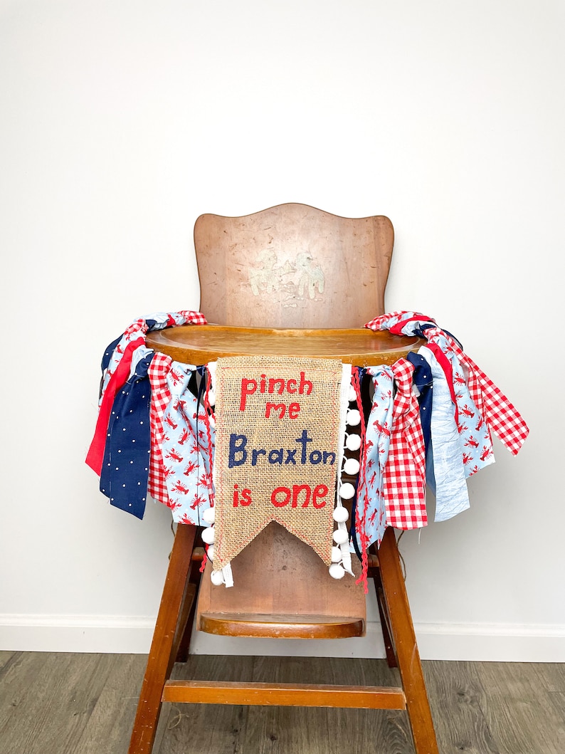 Crawfish Boil High Chair Banner Pinch me I'm One Summer Lobster First Birthday Boiling with Excitement Red Light Blue Yellow Personalized image 3