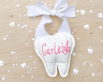 Tooth Fairy Pillow with Name First Lost Tooth Holder Hand Embroidered Name Tooth Holder Tooth Door Hanger Custom Gift Girl Boy Present