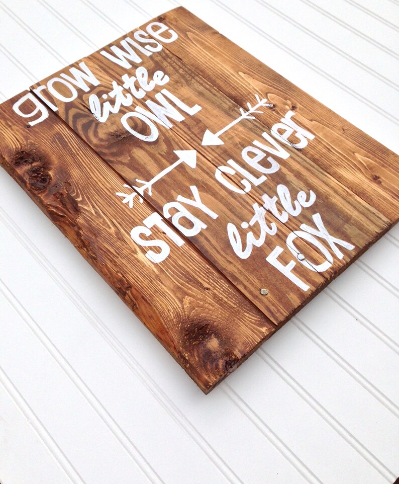 Woodland Animals Wood SignGrow Wise Little OwlStay Clever Little FoxHand Painted Reclaimed Wood SignNursery DecorBaby Shower