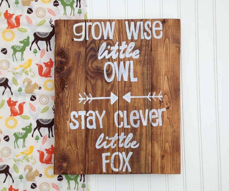 Woodland Animals Wood SignGrow Wise Little OwlStay Clever Little FoxHand Painted Reclaimed Wood SignNursery DecorBaby Shower