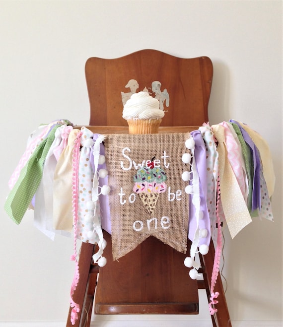 Sweet To Be One First Birthday High Chair Banner Pastel Colors Cake Smash Photo Shoot Prop Party Decor Cotton Candy Ice Cream Girl Birthday