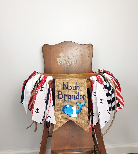 Nautical Whale High Chair Banner/Red Navy Blue/First Birthday Cake Smash Photo Shoot Prop/Party Decor/Anchor Motif/Personalized Name Il_570xn