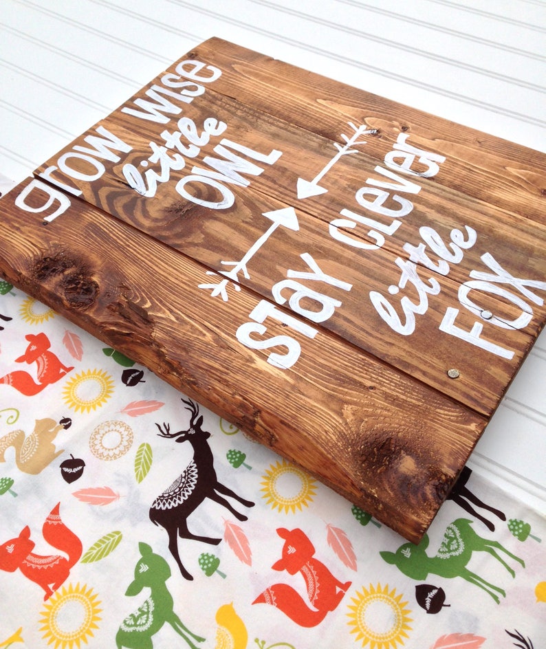 Woodland Animals Wood SignGrow Wise Little OwlStay Clever Little FoxHand Painted Reclaimed Wood SignNursery DecorBaby Shower