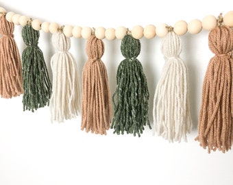 Eucalyptus Yarn Tassel Garland: Boho Wood Bead Earth Tones Nursery Decor