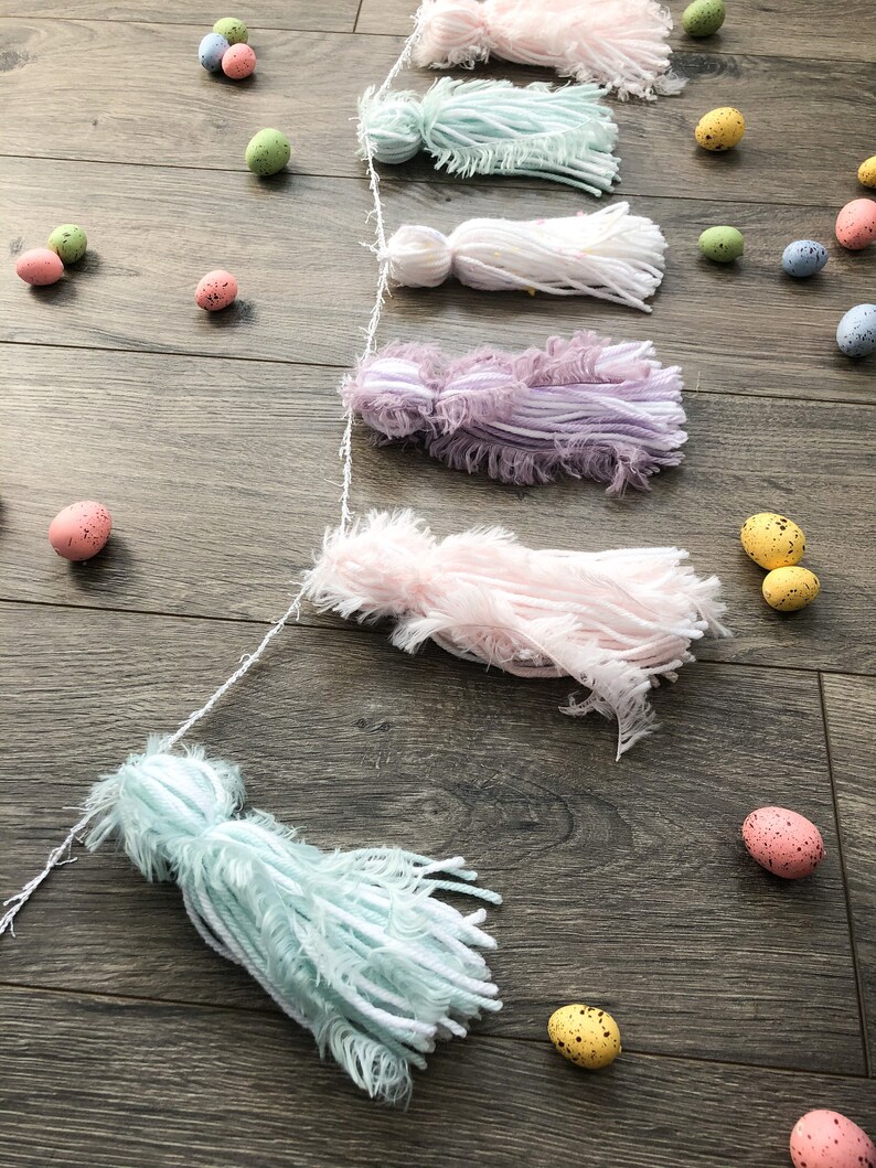 Pastel Yarn Tassel GarlandPastel RainbowEasterBaby Easter ChicksEggsSpring PartyTeepee BannerBaby ShowerPink Purple Mint Green