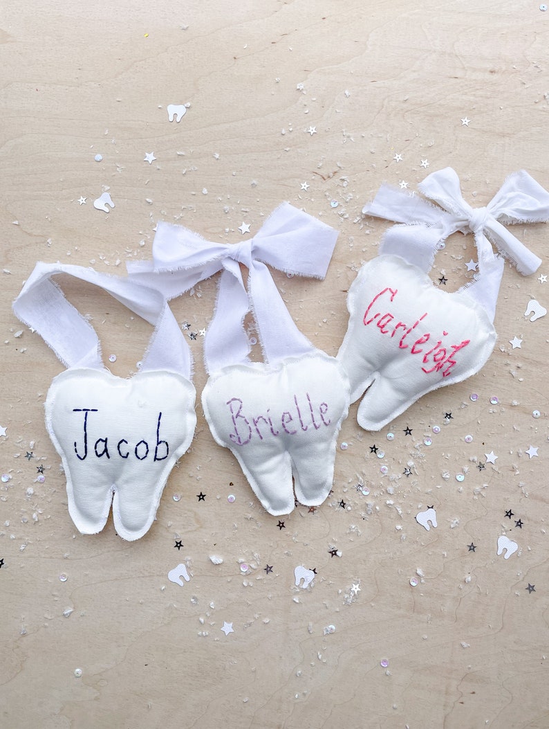 Tooth Fairy Pillow with pocket and Hanger Fairy Pouch First Lost Tooth Holder Tooth Pillow with Name Tooth Cushion Keepsake Baby Shower Gift image 1