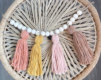 Boho Nursery Decor Yarn Tassel Wood Bead Garland Over the Crib Floral Nursery Decor Muted Fall Wild One Party Woodland Party Fairy Party