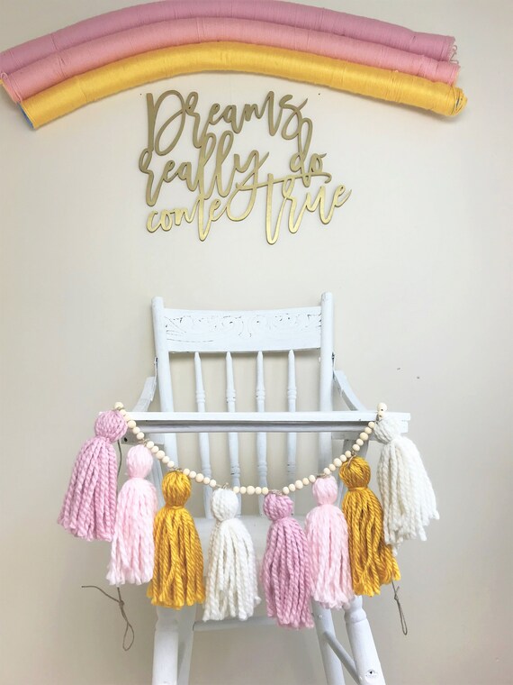 Boho Rainbow High Chair Garland/Yarn Tassel Wood Bead Garland/Dusty