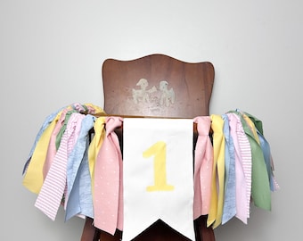 Pastel Retro Colorful First Birthday Highchair Banner: Girls Just wanna be one Fabric Garland