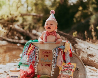 Crawfish Boil High Chair Banner Pinch me I'm One Summer Lobster First Birthday Boiling with Excitement Red Light Blue Yellow Personalized