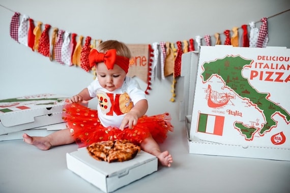 Pizza High Chair Banner / One Year Photo Shoot Prop / Pizza Theme Red Yellow Gold / Pizza Party Decoration / Cake Smash Banner Il_570xn