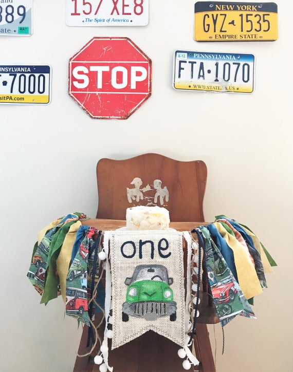 Car First Birthday High Chair Banner / Vintage Classic Cars Theme / Blue Green Red / Cake Smash Photo Shoot Prop / Party Decor / Handpainted Il_570xn