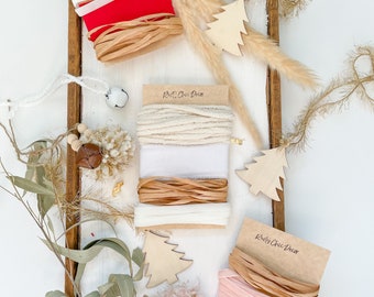 Christmas Gift Wrap Kit: Ribbon, Pom Pom, Bells & Wood Tree Toppers