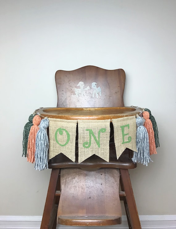 Boho High Chair Birthday Banner/Burlap Tassel Garland/First Birthday Party Decor/Photo Shoot Prop/Green Gray Orange/Fall Rustic/GREEN ONE Il_570xn