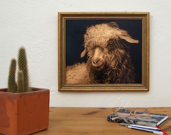 LAMB LOOK 112. Original acrylic painting on framed wood. Painting of sheep in acrylic paint on wood.