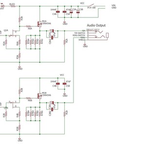 May include: A schematic diagram of an audio amplifier circuit with input and output jacks, resistors, capacitors, and transistors. The circuit is labeled with component values and descriptions. The diagram is drawn in green and red lines on a white background.
