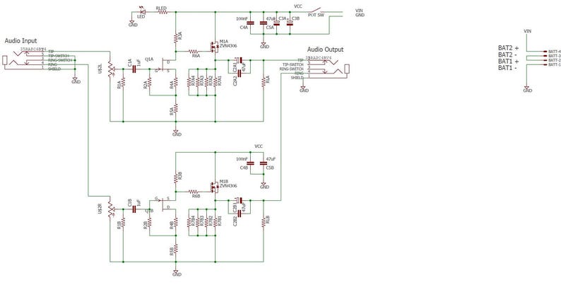 May include: A schematic diagram of an audio amplifier circuit with input and output jacks, resistors, capacitors, and transistors. The circuit is labeled with component values and descriptions. The diagram is drawn in green and red lines on a white background.