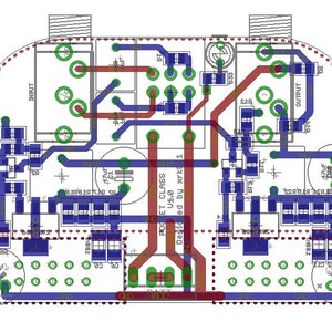 May include: A circuit board with red, blue, and green traces. The board has a variety of components, including resistors, capacitors, and transistors. The board is labeled "POCET CLASS" and "Desio ed by xrka 1".