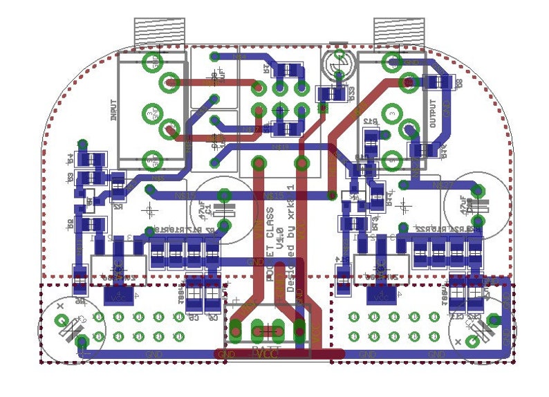 May include: A circuit board with red, blue, and green traces. The board has a variety of components, including resistors, capacitors, and transistors. The board is labeled "POCET CLASS" and "Desio ed by xrka 1".