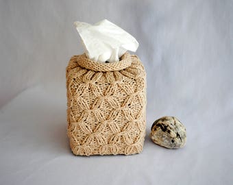 Knit Tissue Box Cover: Beige Yarn, Square Home Decor
