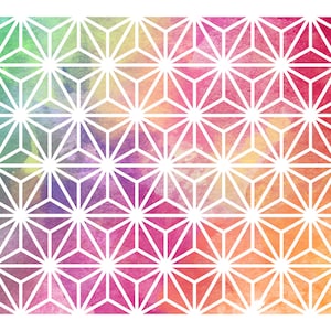 May include: A colorful geometric pattern with a watercolor background. The pattern is made up of white lines that form a series of overlapping stars. The background is a gradient of pink, purple, green, and yellow.
