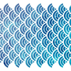 May include: A blue and white patterned design with a repeating pattern of overlapping semicircles. The pattern is reminiscent of fish scales or waves.