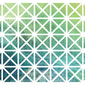 May include: Abstract geometric pattern with a gradient of green, blue, and white colors. The pattern is made up of overlapping triangles and lines.