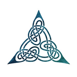 Può includere: Un disegno di nodo celtico turchese su sfondo bianco. Il nodo, simbolo di interconnessione, ha forma triangolare. Il design presenta un aspetto strutturato e screziato, evocando l'arte celtica.